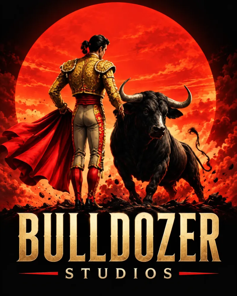 Bulldozer Studios logo: a matador in a gold jacket stands beside a black bull under a blood-red sun