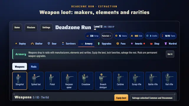 Weapons with manufacturers, elements and rarities