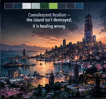 Concept art: the island city of Santelmo at dusk under a glowing tower