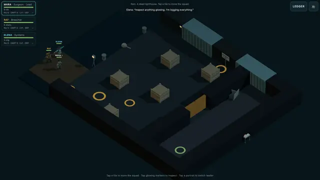 Landfall at the port. Tap a tile to move the squad.
